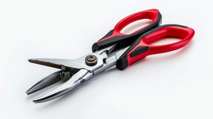 A pair of pliers with red and black handles, clearly isolated on a white background.

