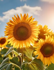 Obraz premium Sunflowers in full bloom in the warm sunlight. 
