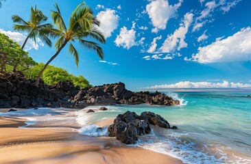 A stunning beach scene in Hawaii, with crystal clear turquoise waters and black lava rocks on the shore, 