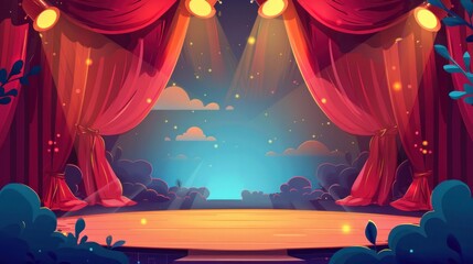 A vibrant vector cartoon illustration of a theater stage, framed by lush red curtains and illuminated by dramatic spotlights.

