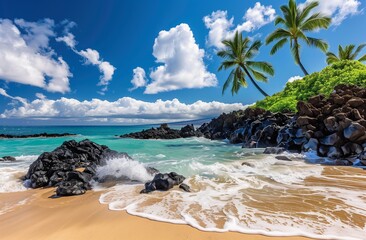 A stunning beach scene in Hawaii, with crystal clear turquoise waters and black lava rocks on the shore