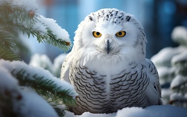 Obraz premium Snowy Owl with pristine white plumage perched on a snow covered pine, serene winter landscape