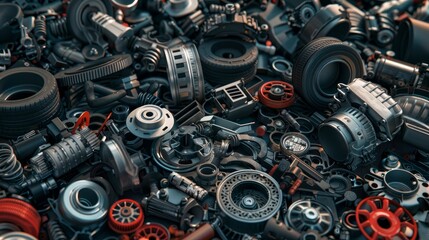 Fototapeta premium An assortment of various car parts spread out, showing a range of components from a modern vehicle.