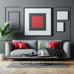 A grey couch with red pillows and a coffee table with plants image realistic lively used for printing illustrator.