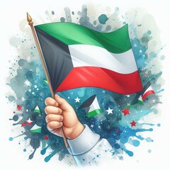 Watercolor illustration of a child's hand holding a Kuwait flag.