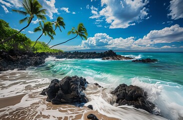 A picturesque beach scene in Hawaii, with crystalclear turquoise waters and black lava rocks on the shore, palm trees swaying gently under a blue sky, capturing an idyllic coastal view