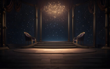 Luxurious dark stage illuminated by spotlight and stars