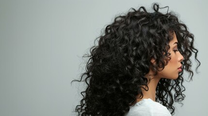 Elegant Profile Portrait of a Woman with Long Curly Black Hair on Neutral Background