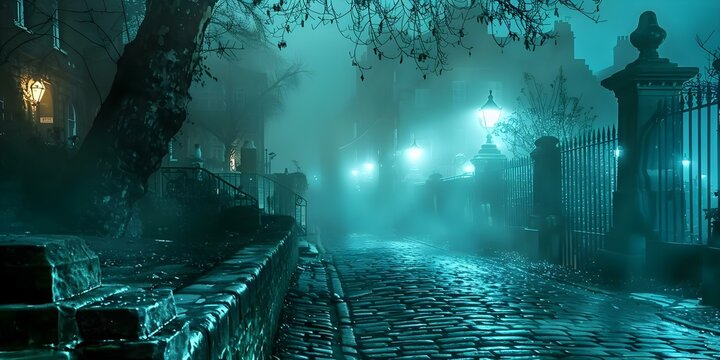 Victorian London depicted with gaslights fog and cobblestone streets on a moody evening. Concept Victorian London, Gaslights, Foggy Atmosphere, Cobblestone Streets, Moody Evening