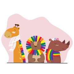 Group of cute giraffe,lion,and rhinoceros for LGBTQ+ concept. Vector illustration on white background