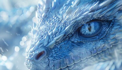 hyper-realistic close-up of a shimmering ice dragon sculpture, highlighting the sharp scales and piercing eyes with digital photorealistic techniques © AlexCaelus