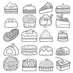 Cute sweet cakes and desserts collection on white background. Vector illustration hand drawn or doodle art style for cafe or bakery shop decoration