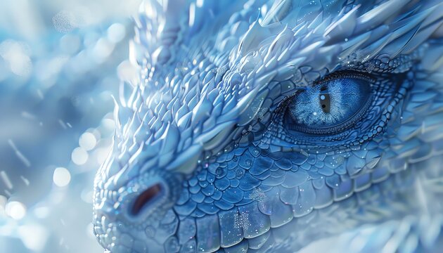 hyper-realistic close-up of a shimmering ice dragon sculpture, highlighting the sharp scales and piercing eyes with digital photorealistic techniques