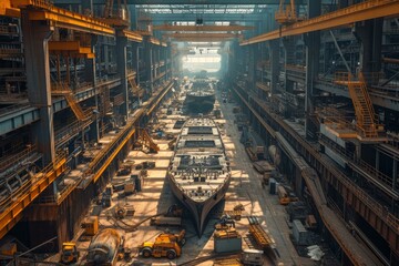 Cinematic view of a bustling shipyard, showcasing the grand scale of marine engineering