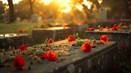A serene morning scene of a military cemetery with fresh red poppies placed on each tombstone captured in the golden light of Memorial Day.