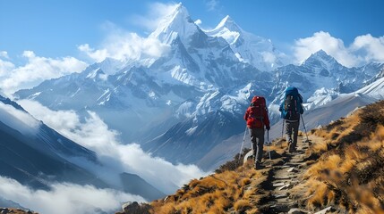 Obraz premium Trekking Through the Majestic Himalayan Peaks Friends Facing High Altitude Challenges on an Adventurous Journey