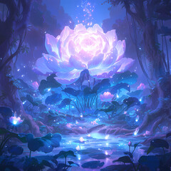 Delight in the serene beauty of a mystical moonlit forest where a majestic lotus pond takes center stage. This enchanting illustration captures the essence of tranquility and nature's splendor.