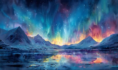 Fototapeta premium A watercolor depicting the aurora borealis lighting up the entire sky