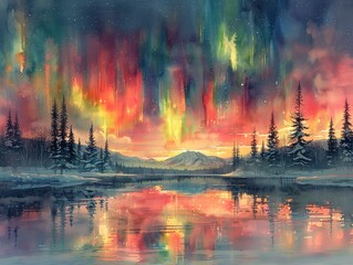 Fototapeta premium A watercolor depicting the aurora borealis lighting up the entire sky