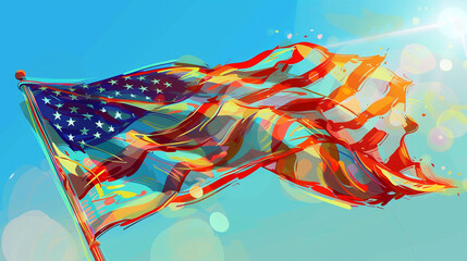 A vibrant illustration of a large American flag waving in the breeze with a clear blue sky in the background. The flag appears almost ethereal glowing with a light of its own.