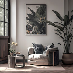 Chic Home Decor: Modern Living Space with Artistic Touch, Comfortable Sofa, and Greenery