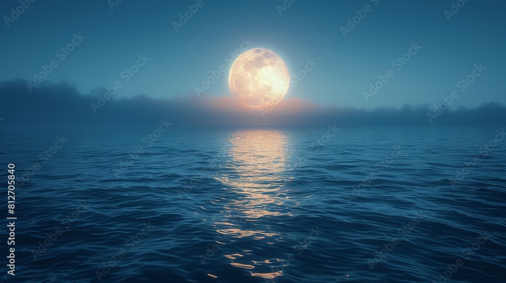 Wall mural a large moon is reflected in the calm water of a lake