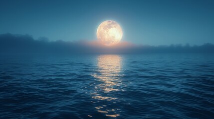 A large moon is reflected in the calm water of a lake