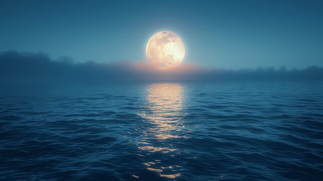 A large moon is reflected in the calm water of a lake