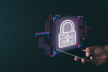 Hand protect data from hacker,malware,virus idea for Cybercrime and Illegal Activities,Cybersecurity and privacy,Detection and Response,identity theft, or malware.