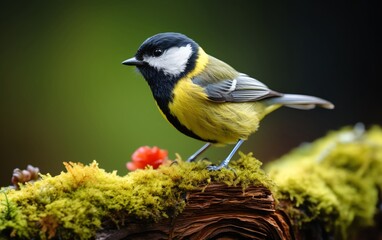 Obraz premium Black headed Great Tit perched on a moss covered log, lush greenery providing a natural frame