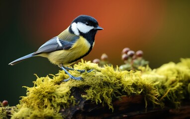 Fototapeta premium Black headed Great Tit perched on a moss covered log, lush greenery providing a natural frame