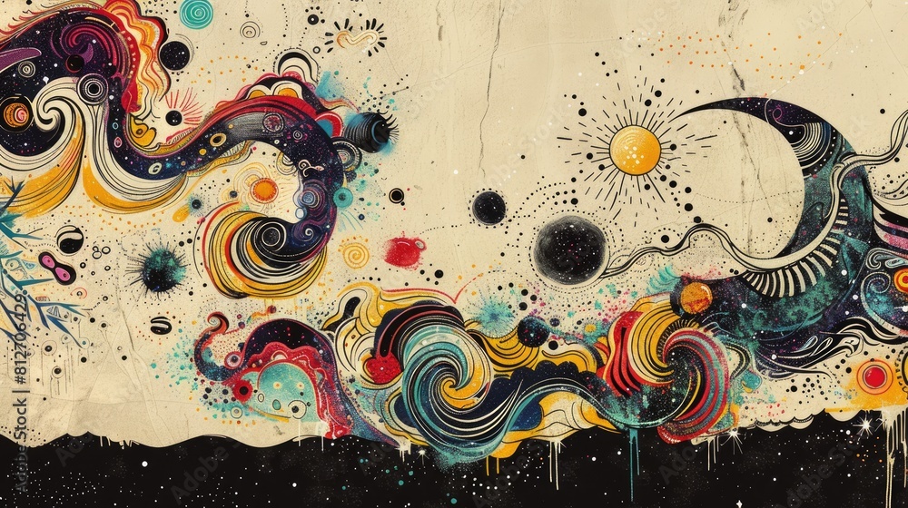 Poster childlike doodle with cosmic elements pattern and textural splashes portrayed through hand drawn art