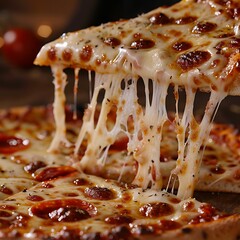 A close-up shot of a slice of pizza being lifted, with gooey cheese stretching from the slice to the rest of the pizza. [8K, realistic, full ultra HD, high resolution, 