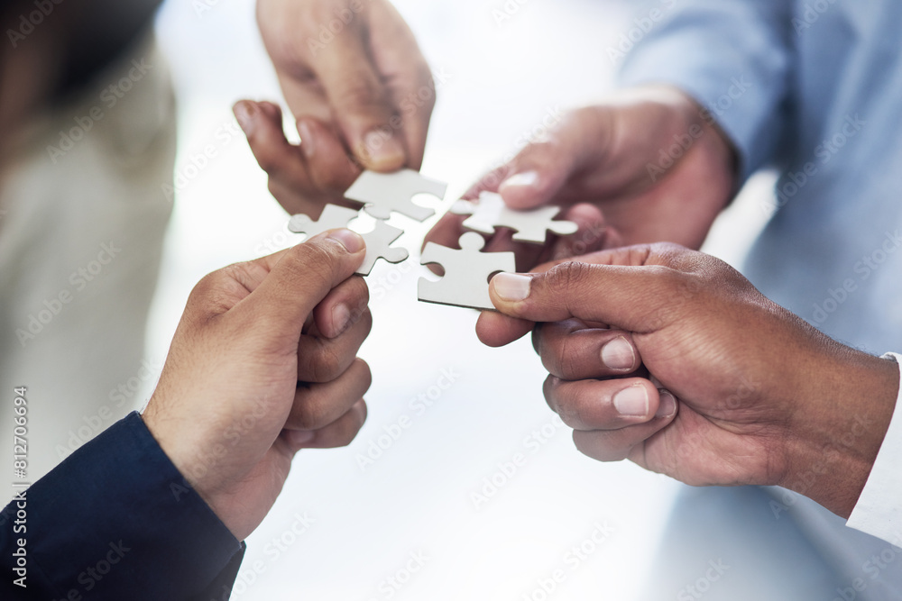 Aufkleber Teamwork, business and hands of people with puzzle for unity or collaboration with joint effort for project. Group, diversity and pieces together for planning or partnership, union and engagement.