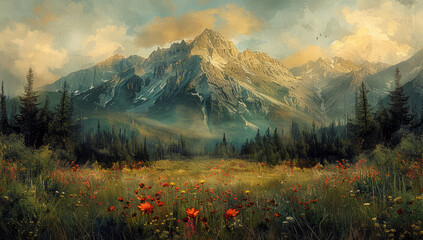 Scenic Vintage Oil Painting of Alpine Meadow and Majestic Mountain Views