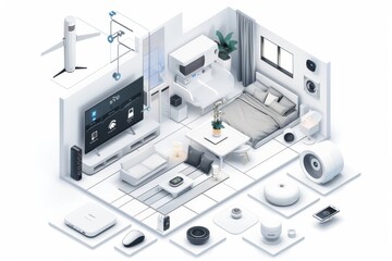 Obraz premium Presentation illustration on white background: Alarm System with secruity cameras at smart home, 4k stock illustration --chaos 10 --ar 3:2 --style raw Job ID: 7ad0a6db-6186-4728-852e-7fac899f08f6