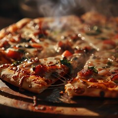 A close-up shot of a pizza being sliced, showing the crispy crust and the steam rising from the hot toppings. [8K, realistic, full ultra HD, high resolution, 