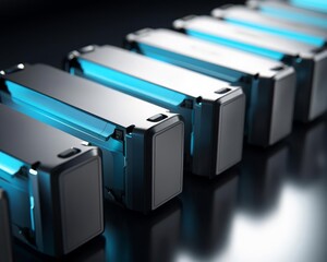 Futuristic solidstate battery modules with sleek metallic finishes and blue highlights, lined up in a row, the front module displaying the text SolidState Battery, against a reflective gray background