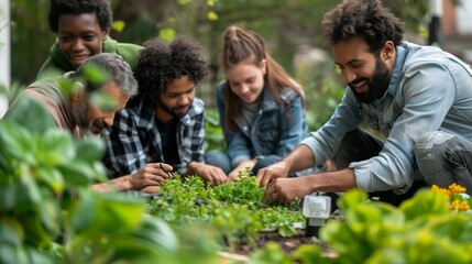 Diverse group of people of different ages and ethnicities are actively planting vegetables in a garden