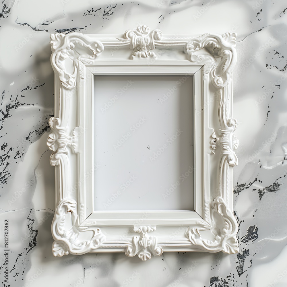 Poster a white picture frame with an empty space inside, sitting on top of a marble surface.