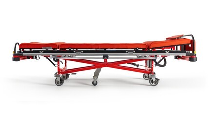 A red stretcher placed on a clean white floor. Suitable for medical and emergency concepts