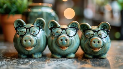 Three cute piggy bank figurines wearing glasses arranged neatly on a table, with a focus on their playful and unique design