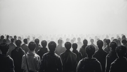 A black and white pencil drawing of many people in silhouette standing together, the crowd is seen from behind against a white background. 