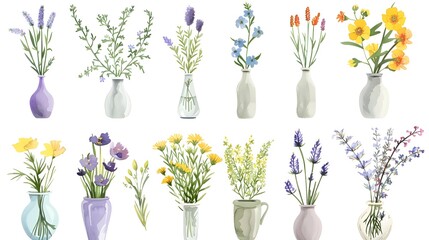 Obraz premium Assortment of Vibrant Floral Bouquets in Glass Vases Showcasing the Beauty of Nature s Bounty
