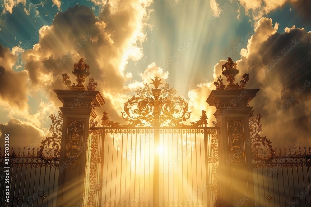 Poster sun shining through clouds behind a gate, suitable for various concepts and designs