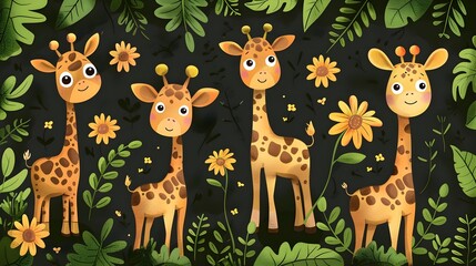 Fototapeta premium Adorable Cartoon Giraffes in Lush Jungle Habitat