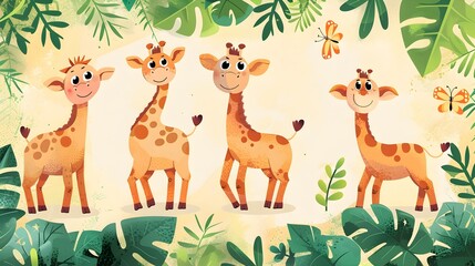 Obraz premium Adorable Cartoon Giraffes Playing in Lush Tropical Jungle Foliage