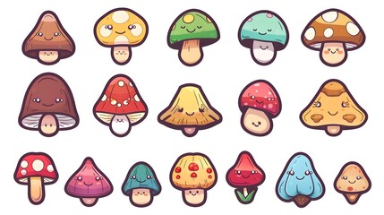 Fototapeta premium Adorable Cartoon Mushroom Characters in Vibrant Colors and Patterns