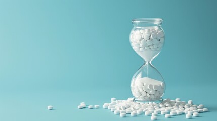 Hourglass filled with white pills, concept: Passing time or Longevity, copy and text space, 16:9