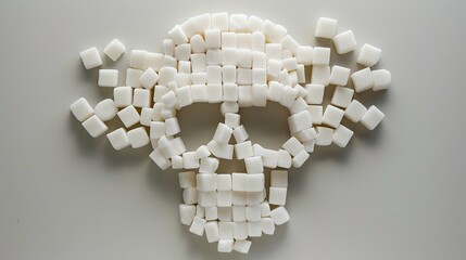 White Sugar Cubes In Form Of Skull, concept: Widespread diabetes and obesity, less sugar, copy and text space, 16:9